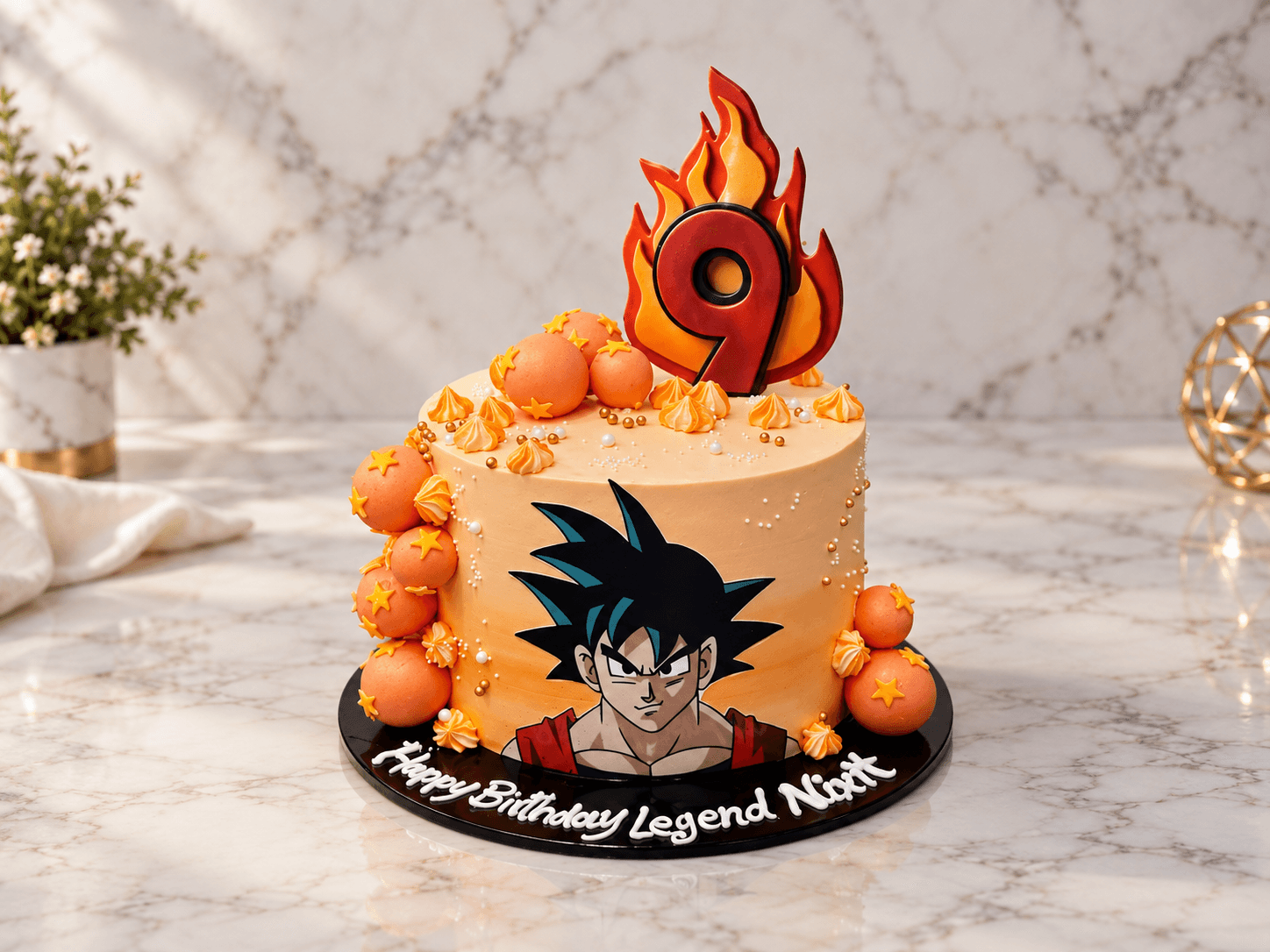 Anime-themed 9th birthday cake with a flaming number topper