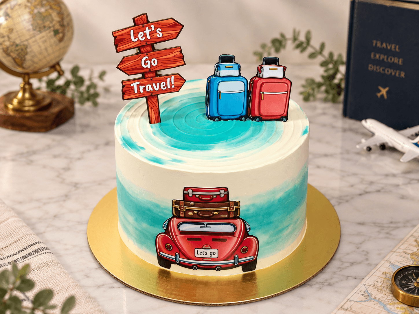 “Let's go travel” cake with a vintage car and suitcases