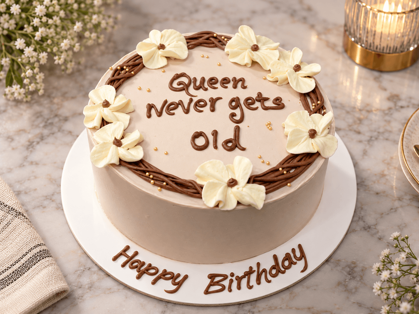 “Queen never gets old” birthday cake with piped flowers