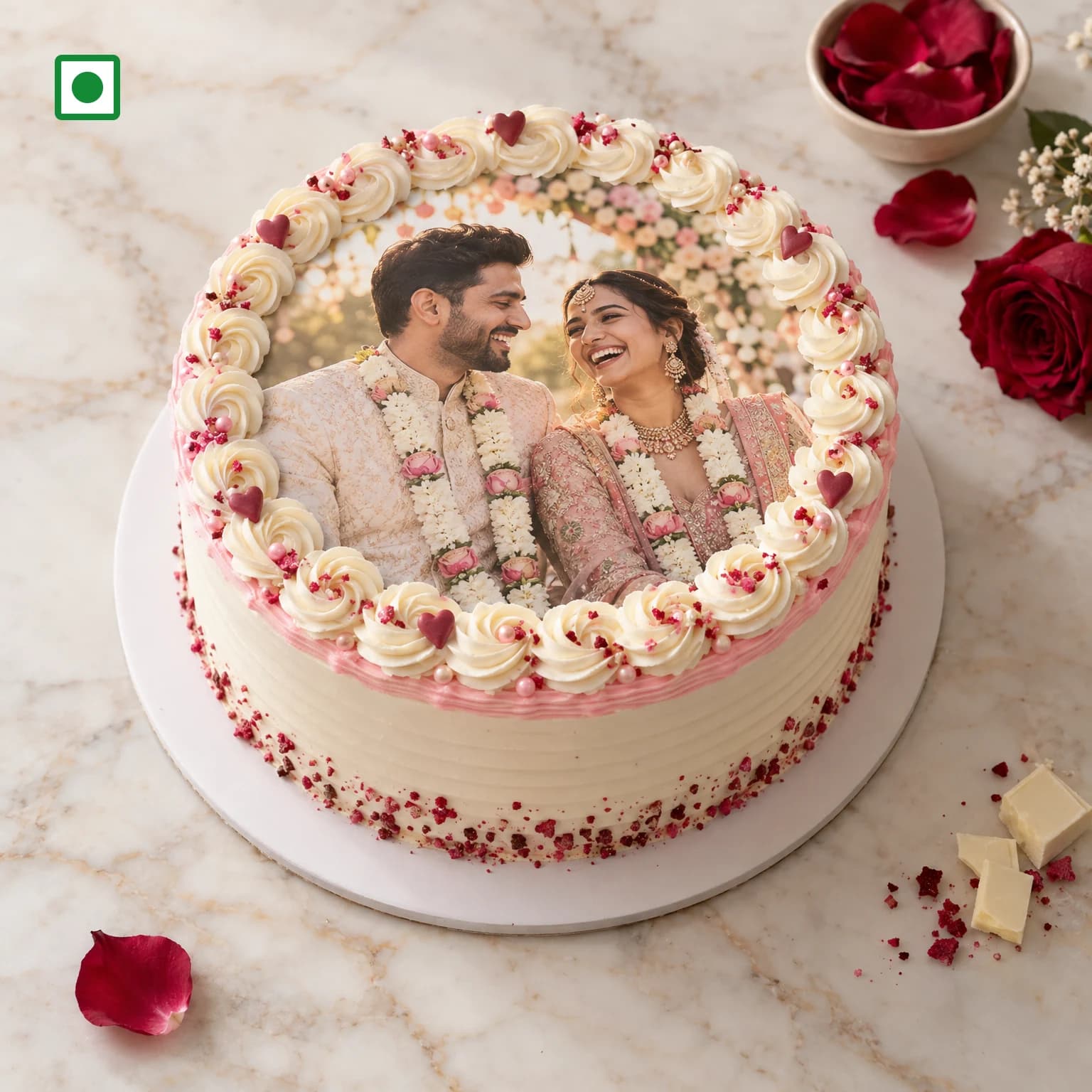 Anniversary photo cake with an edible print of a couple laughing on their wedding day