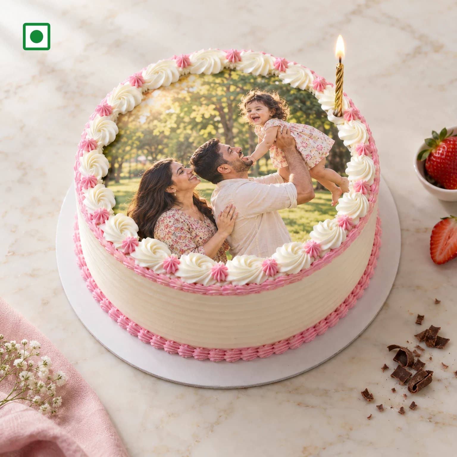 Photo cake with an edible print of parents playing with their child in a park